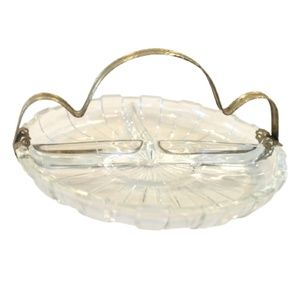 VINTAGE DEPRESSION GLASS~ORNATE BRASS BANDED ~THREE COMPARTMENT RELISH DISH~6.4"